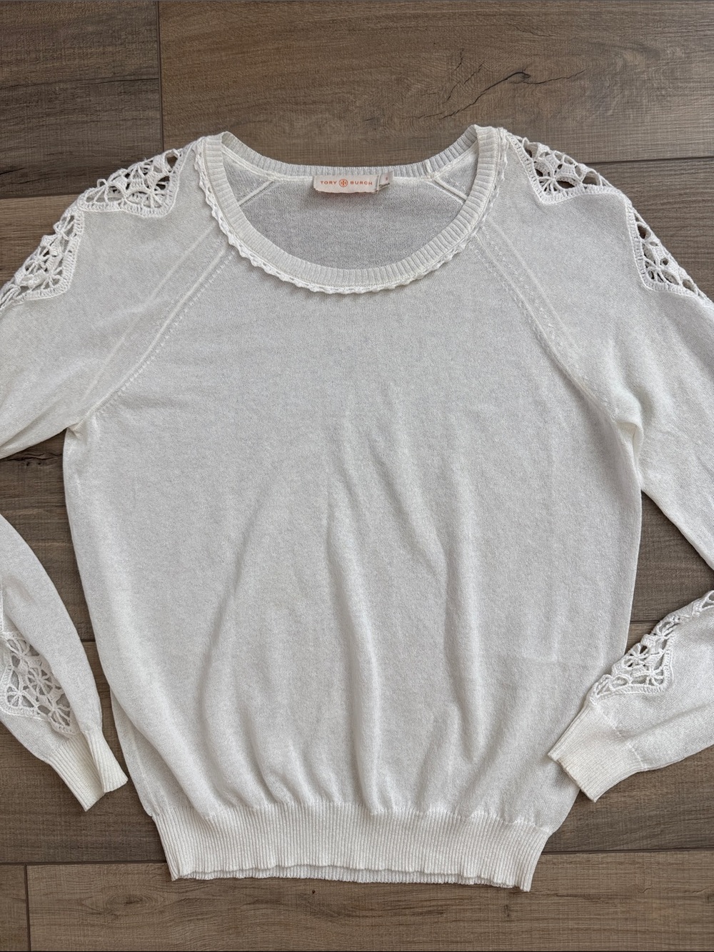 Tory Burch Ivory Crochet-Shoulder Long Sleeve Sweater Women’s Size S Loose Fit